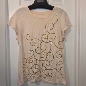 Banana Republic: Women's Cream Tee with Gold Swirl Sequin Accents  Size XL.